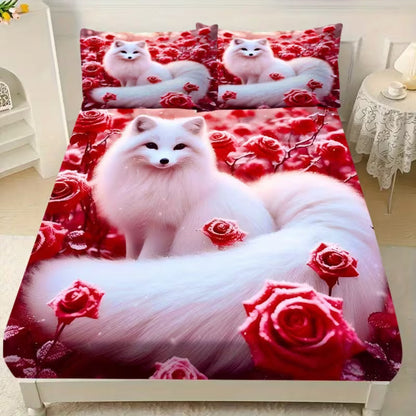 Luxury Rose Pattern Flannel Fitted Bedsheet Set with Pillowcases – Soft Deep Pocket Mattress Cover