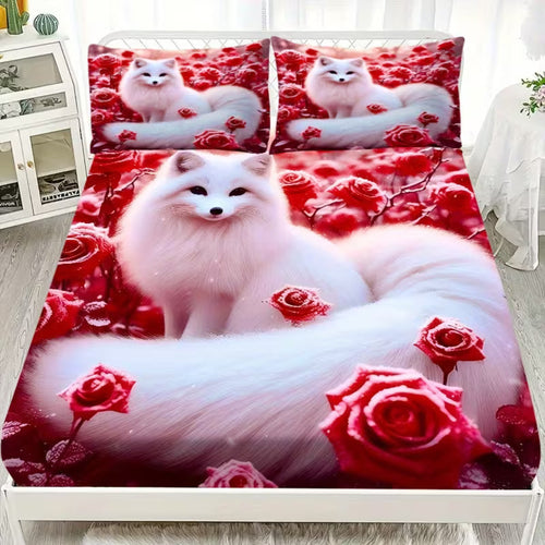 Luxury Rose Pattern Flannel Fitted Bedsheet Set with Pillowcases – Soft Deep Pocket Mattress Cover