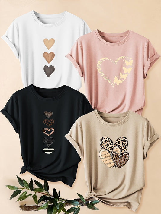 4PCS Women’s Vintage Valentine Print T-Shirts – Short Sleeve Round Neck Casual Tees