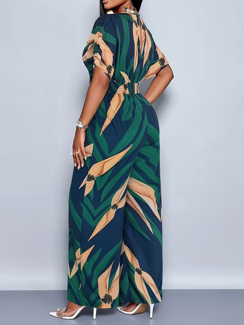 Modern Contrast Print V-Neck Jumpsuit with Elastic Waist & Belt