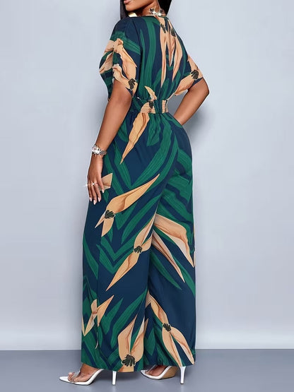 Modern Contrast Print V-Neck Jumpsuit with Elastic Waist & Belt