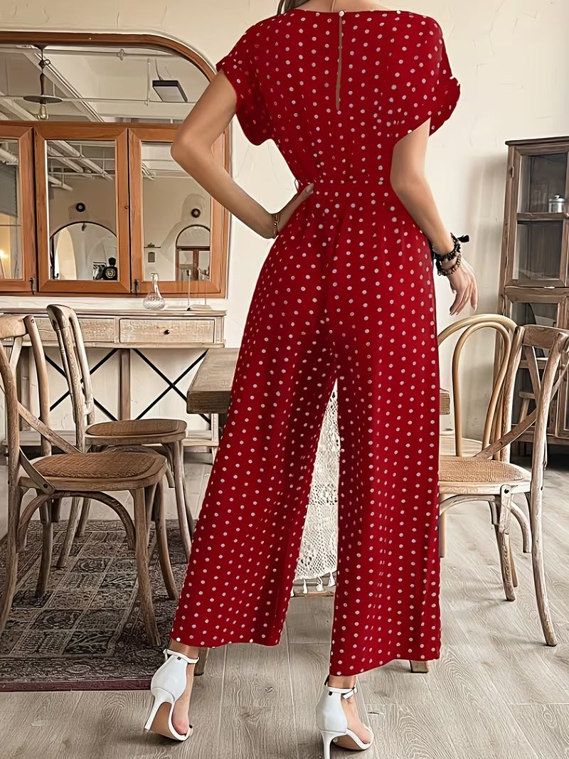Modern Contrast Print V-Neck Jumpsuit with Elastic Waist & Belt