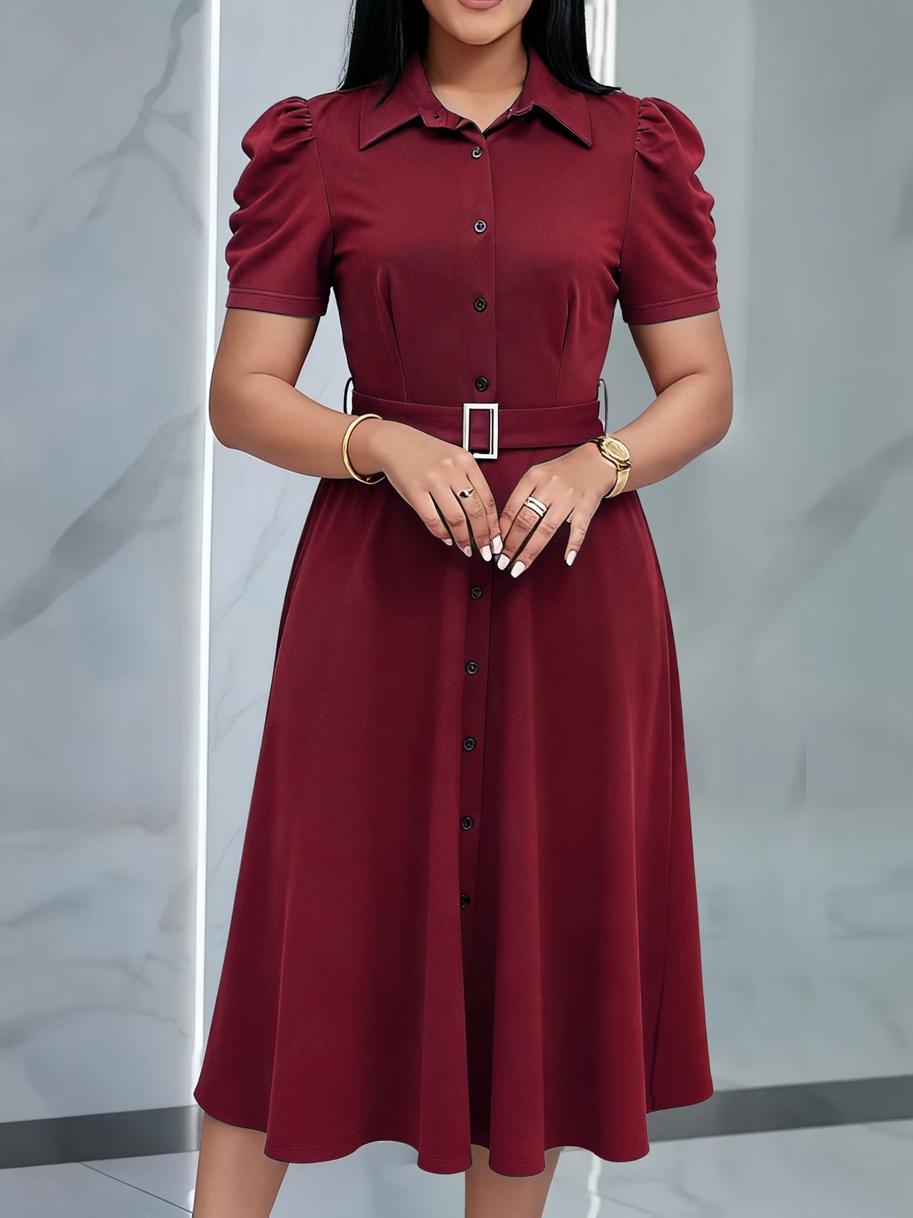 Women’s Lapel Collar Midi Dress with Tie Hem