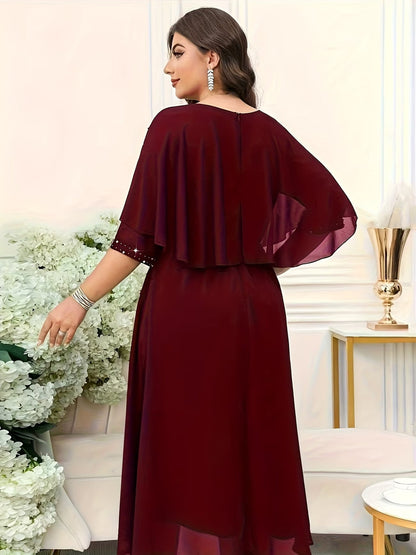 Elegant Plus Size Rhinestone Crew Neck Dress