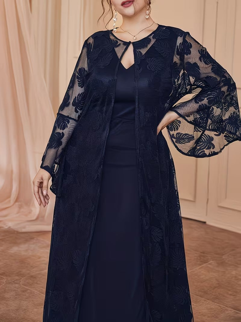 Luxury Plus Size Lace Cardigan with Lotus Sleeves & Elegant Maxi Dress