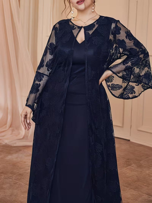 Luxury Plus Size Lace Cardigan with Lotus Sleeves & Elegant Maxi Dress