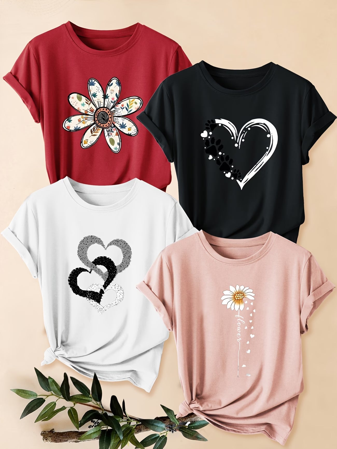 4PCS Women’s Vintage Valentine Print T-Shirts – Short Sleeve Round Neck Casual Tees