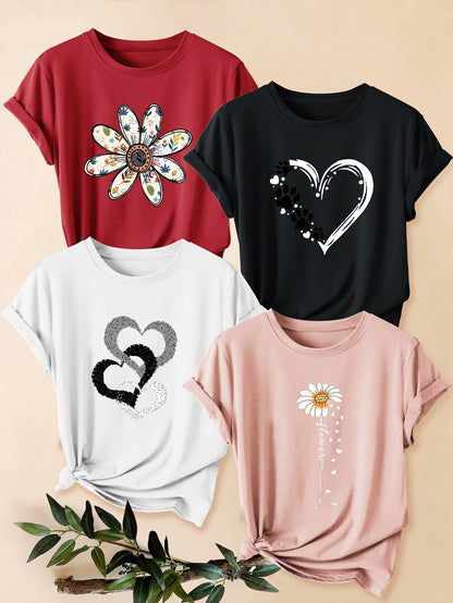 4PCS Women’s Vintage Valentine Print T-Shirts – Short Sleeve Round Neck Casual Tees
