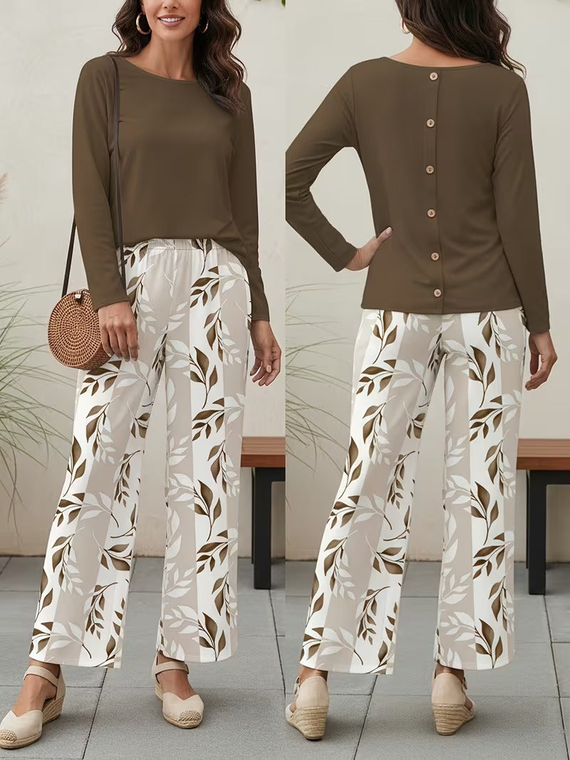 Graceful Tie-Neck Ruffle Top & Printed Pocket Trousers Set