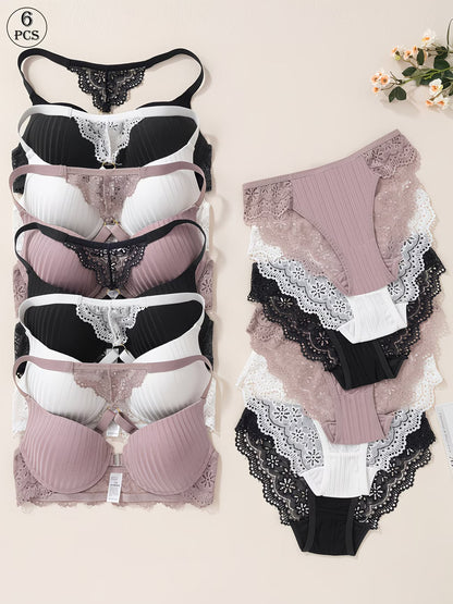 Pack of 6  Women’s Floral Lace Bra & Panty Set  Comfortable & Sexy Lingerie