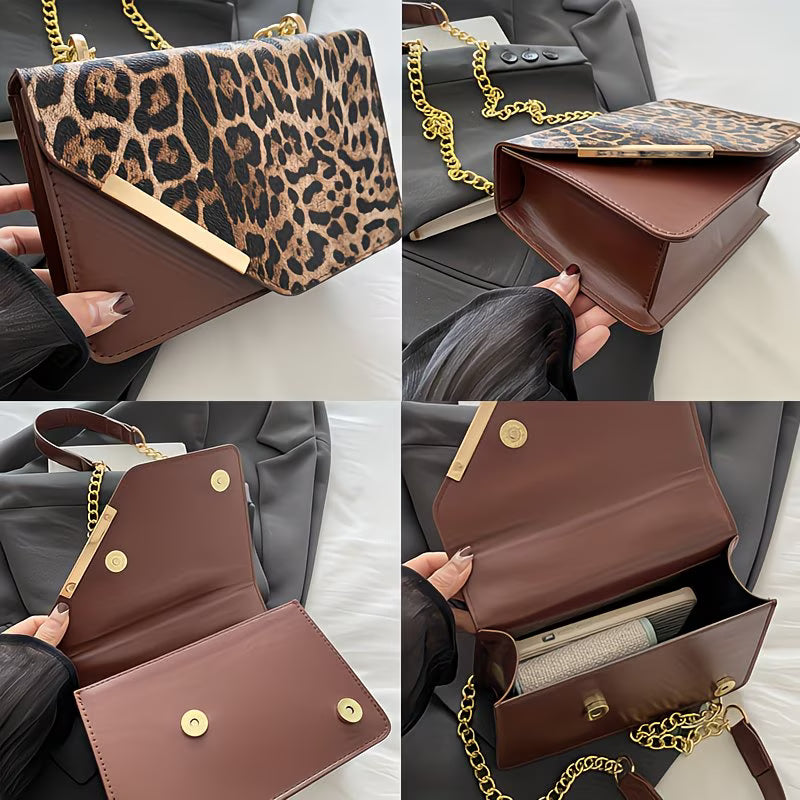 Women’s Leopard Patchwork Crossbody Bag – Magnetic Snap Vintage Shoulder Bag