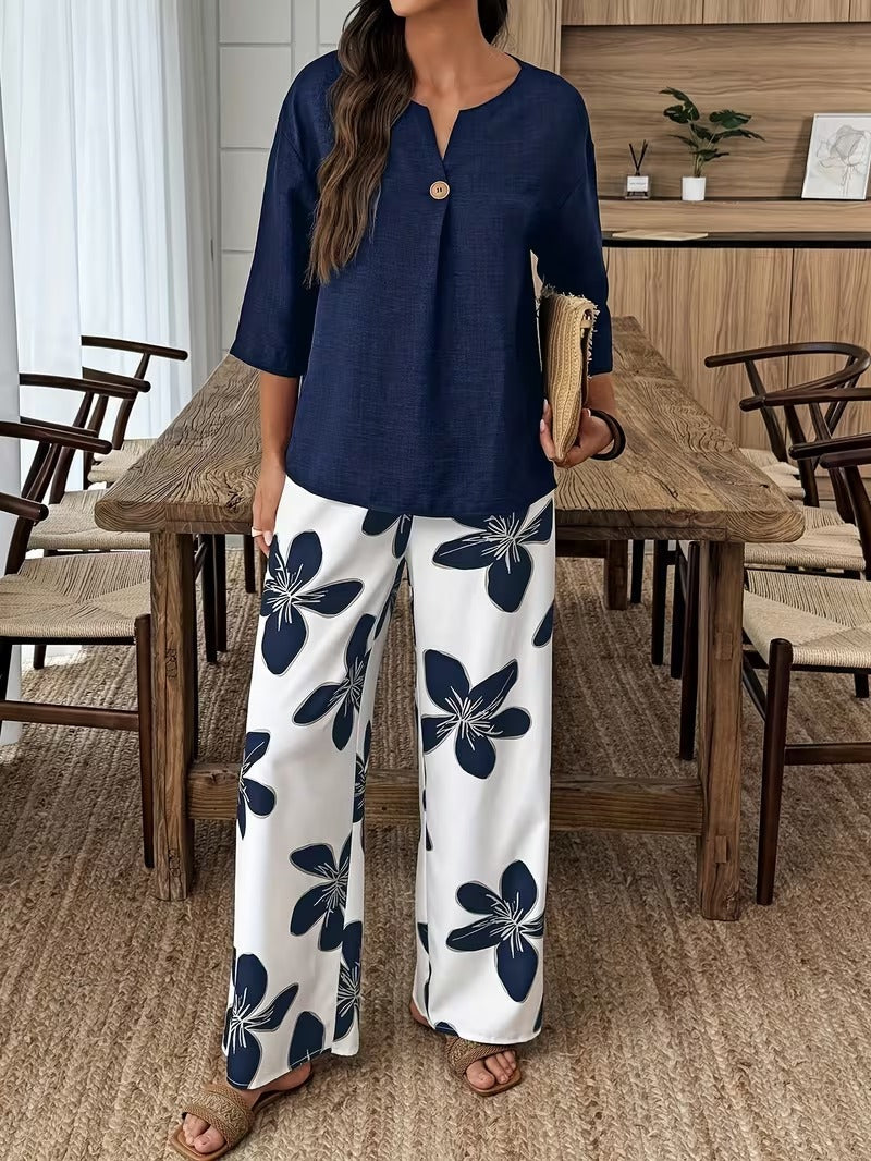 Graceful Tie-Neck Ruffle Top & Printed Pocket Trousers Set