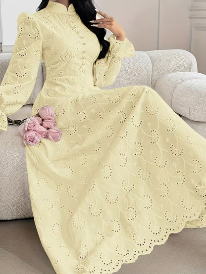 French Embroidered Puff Sleeve Dress – Elegant Ruffle Stand Collar Style