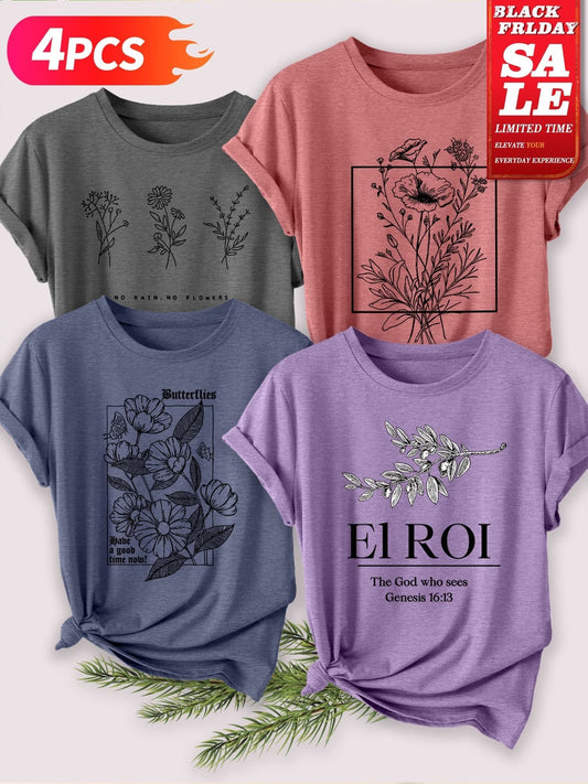 4PCS Women’s Vintage Valentine Print T-Shirts – Short Sleeve Round Neck Casual Tees