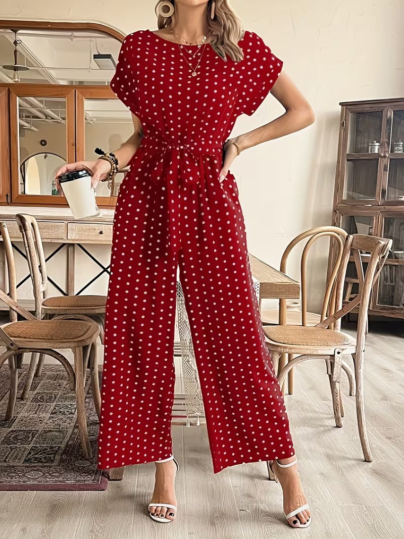 Modern Contrast Print V-Neck Jumpsuit with Elastic Waist & Belt