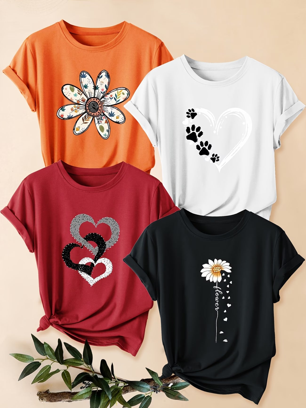 4PCS Women’s Vintage Valentine Print T-Shirts – Short Sleeve Round Neck Casual Tees