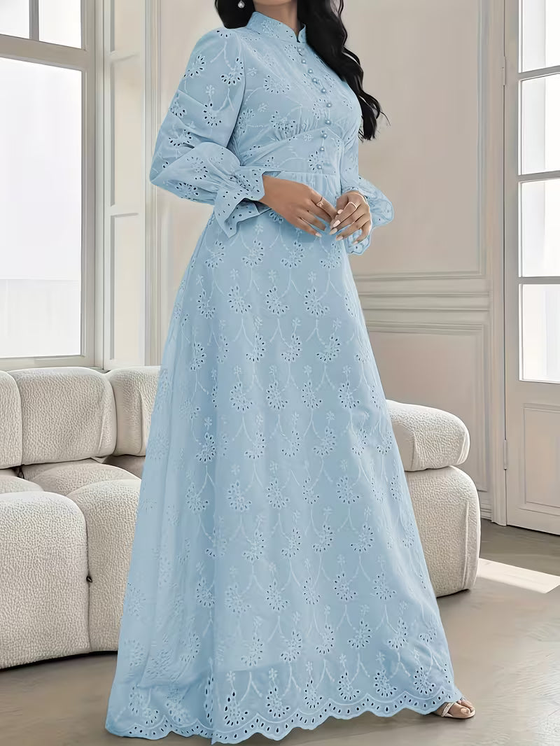 French Embroidered Puff Sleeve Dress – Elegant Ruffle Stand Collar Style