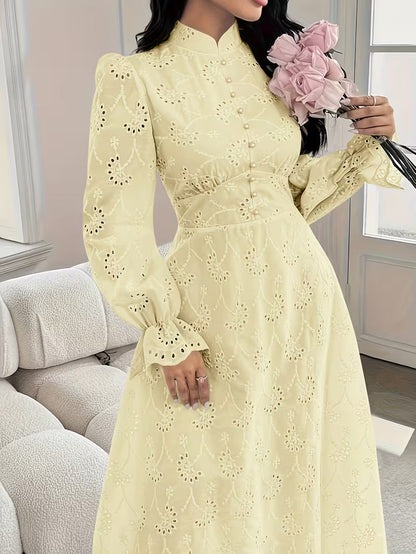 French Embroidered Puff Sleeve Dress – Elegant Ruffle Stand Collar Style