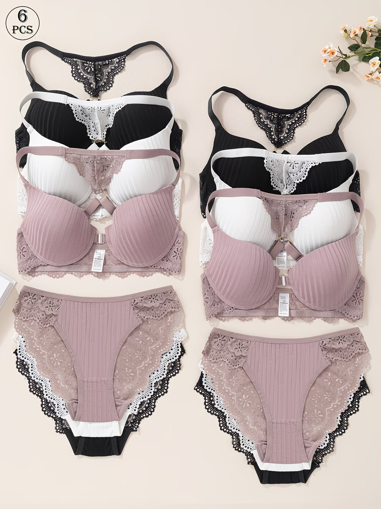 Pack of 6  Women’s Floral Lace Bra & Panty Set  Comfortable & Sexy Lingerie
