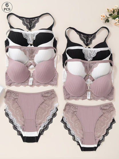 Pack of 6  Women’s Floral Lace Bra & Panty Set  Comfortable & Sexy Lingerie