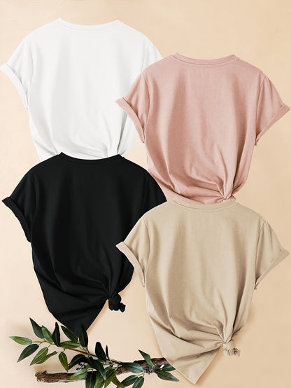 4PCS Women’s Vintage Valentine Print T-Shirts – Short Sleeve Round Neck Casual Tees