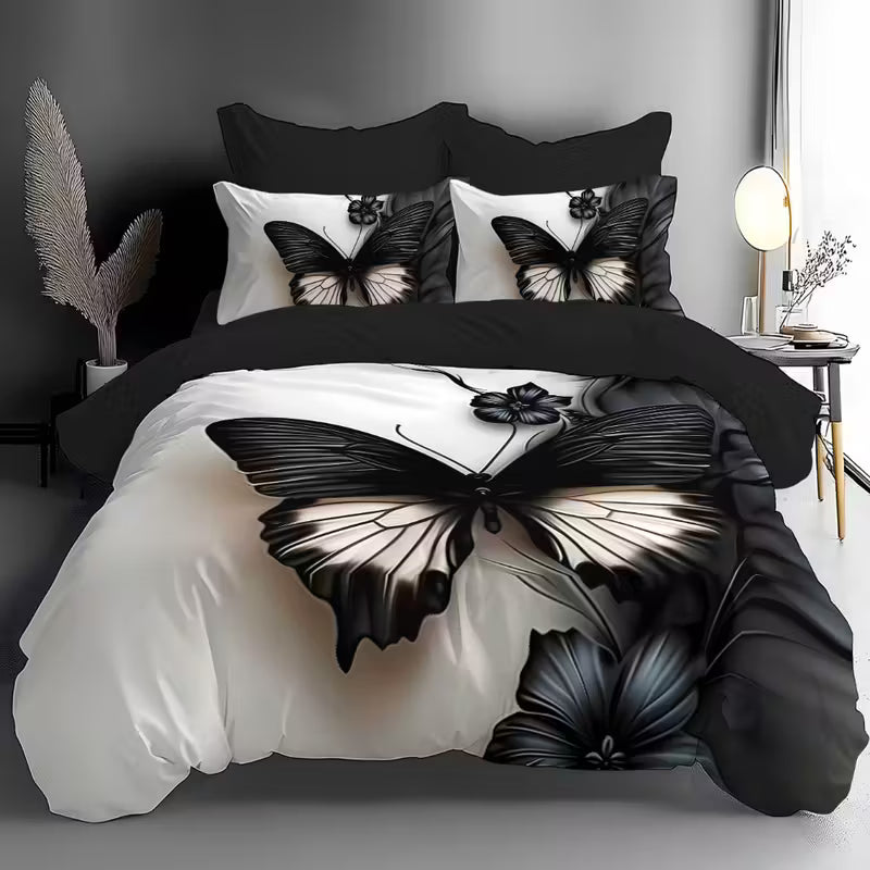 Luxury Dark Butterfly Digital Print Duvet Cover Set – Soft Brushed Polyester Bedding