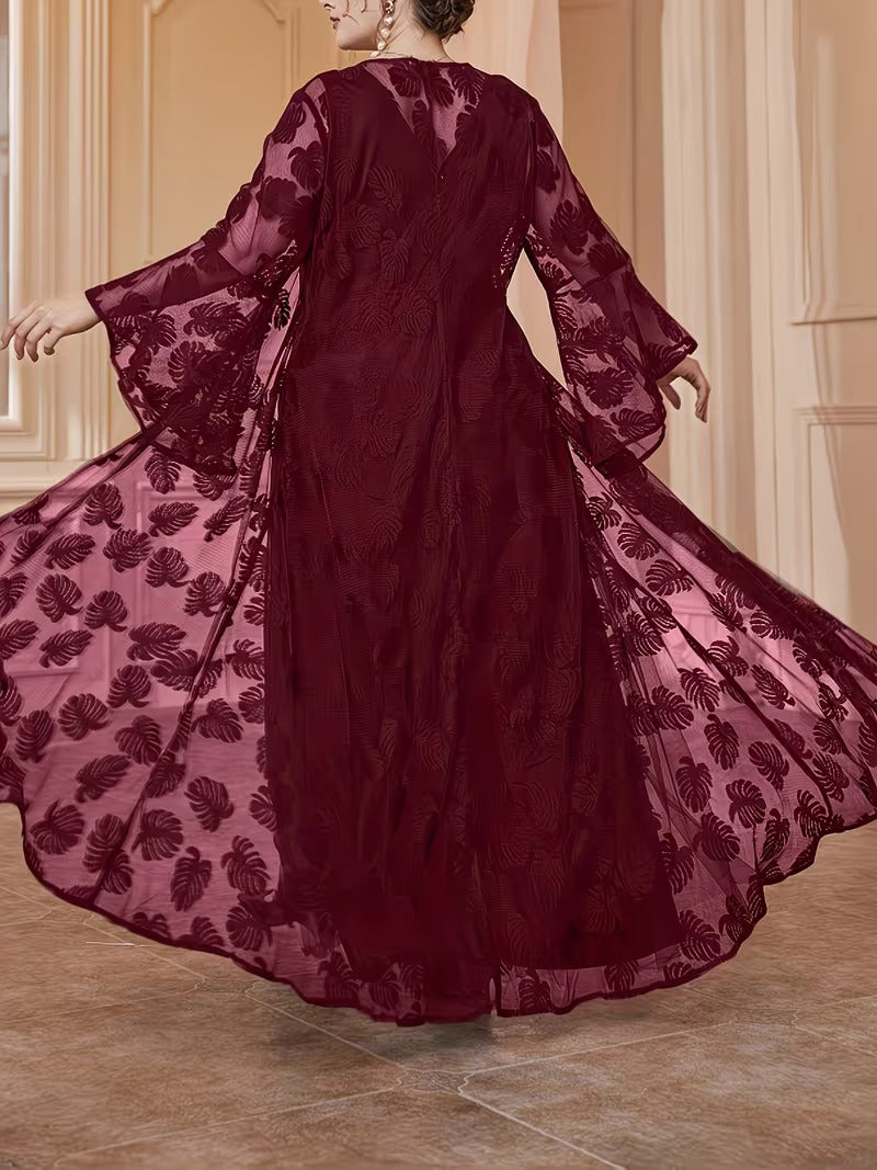 Luxury Plus Size Lace Cardigan with Lotus Sleeves & Elegant Maxi Dress