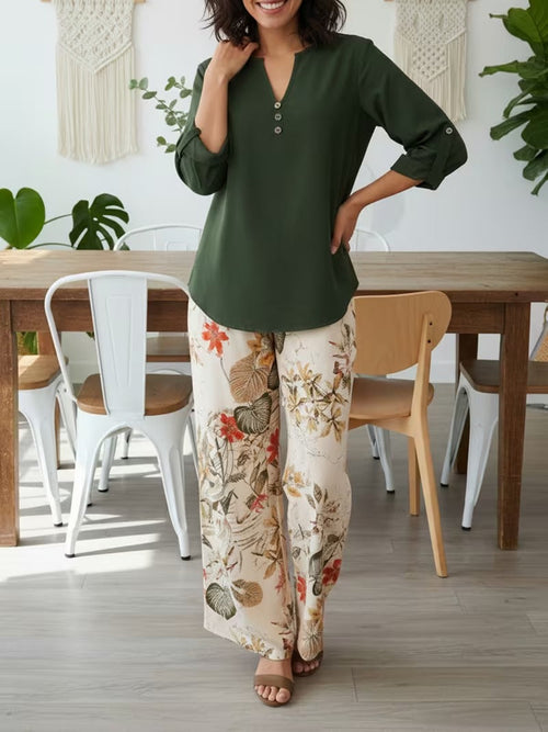 Graceful Tie-Neck Ruffle Top & Printed Pocket Trousers Set
