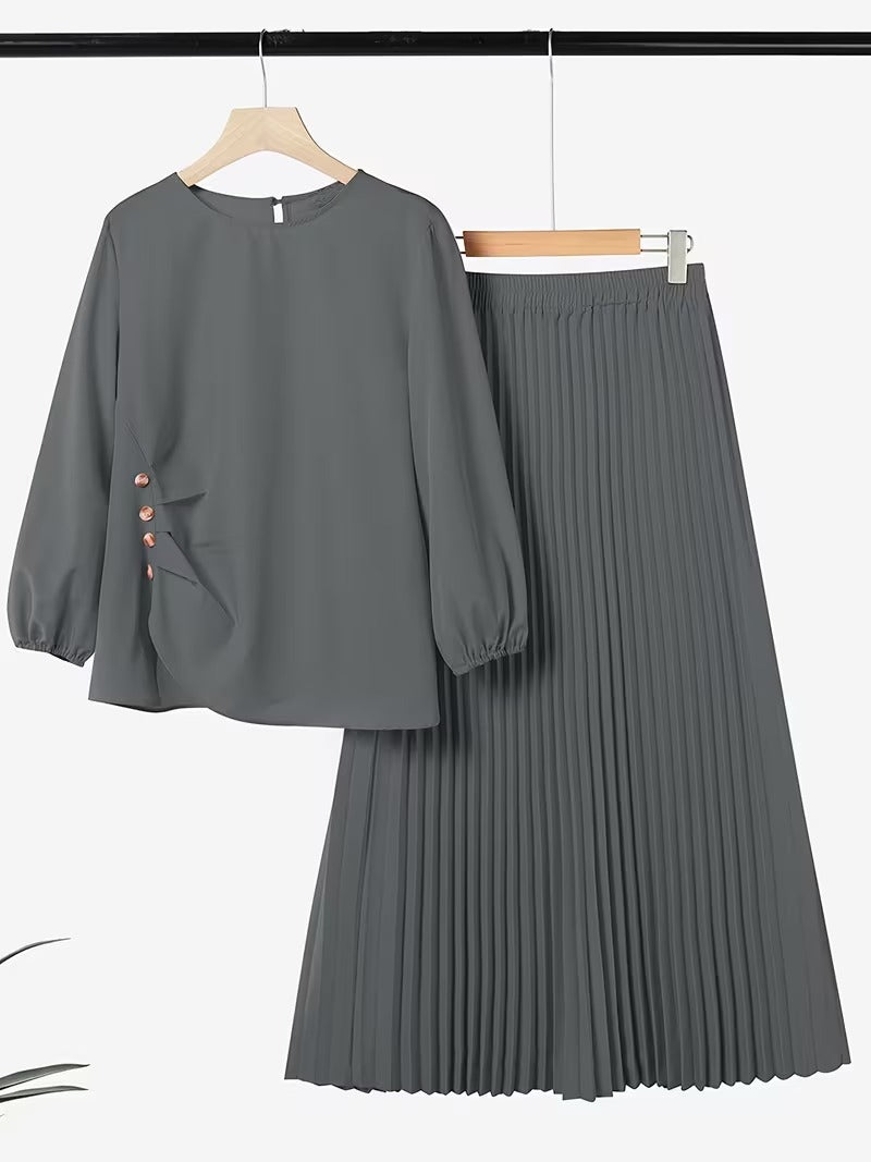Sophisticated Button Detail Pleated Top & Skirt Co-Ord