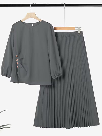 Sophisticated Button Detail Pleated Top & Skirt Co-Ord
