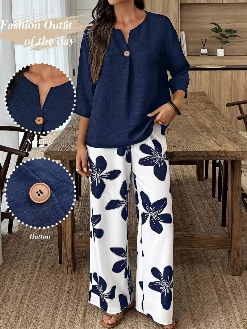 Graceful Tie-Neck Ruffle Top & Printed Pocket Trousers Set