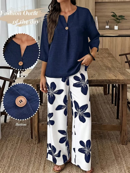 Graceful Tie-Neck Ruffle Top & Printed Pocket Trousers Set