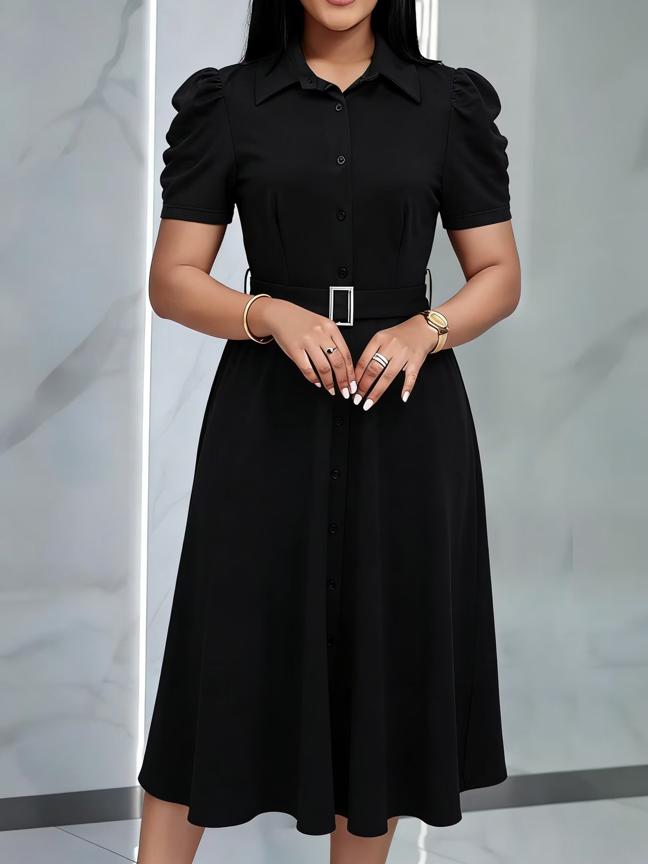 Women’s Lapel Collar Midi Dress with Tie Hem