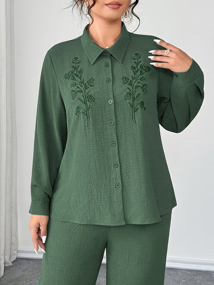 Plus Size Embroidered Oversized Co-Ord Set – Collared Shirt & Elastic Waist Straight-Leg Pants