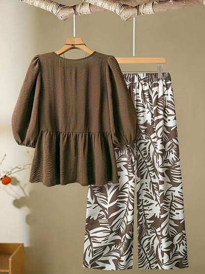 Curvy Chic Tie-Up Blouse & Wide-Leg Pants Co-Ord Set