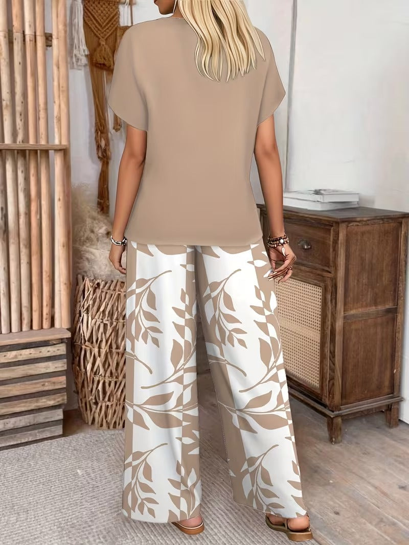Graceful Tie-Neck Ruffle Top & Printed Pocket Trousers Set
