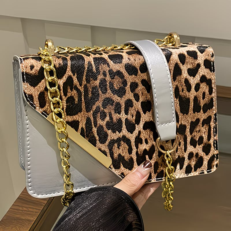 Women’s Leopard Patchwork Crossbody Bag – Magnetic Snap Vintage Shoulder Bag