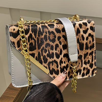 Women’s Leopard Patchwork Crossbody Bag – Magnetic Snap Vintage Shoulder Bag
