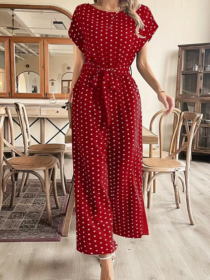 Modern Contrast Print V-Neck Jumpsuit with Elastic Waist & Belt