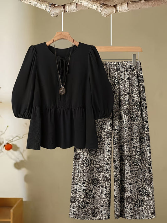Curvy Chic Tie-Up Blouse & Wide-Leg Pants Co-Ord Set