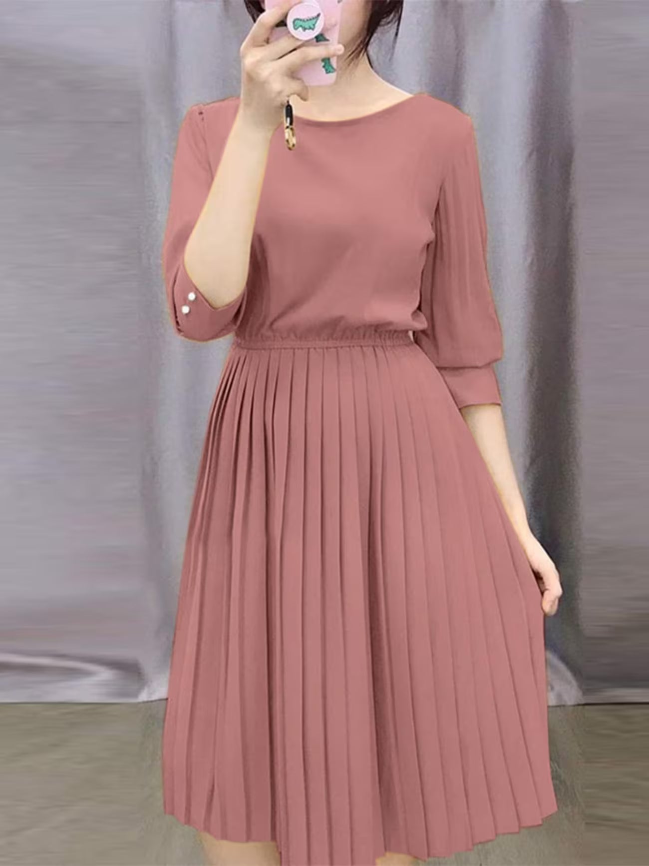 Elegant Korean Style Pleated A-Line Knee Length Dress