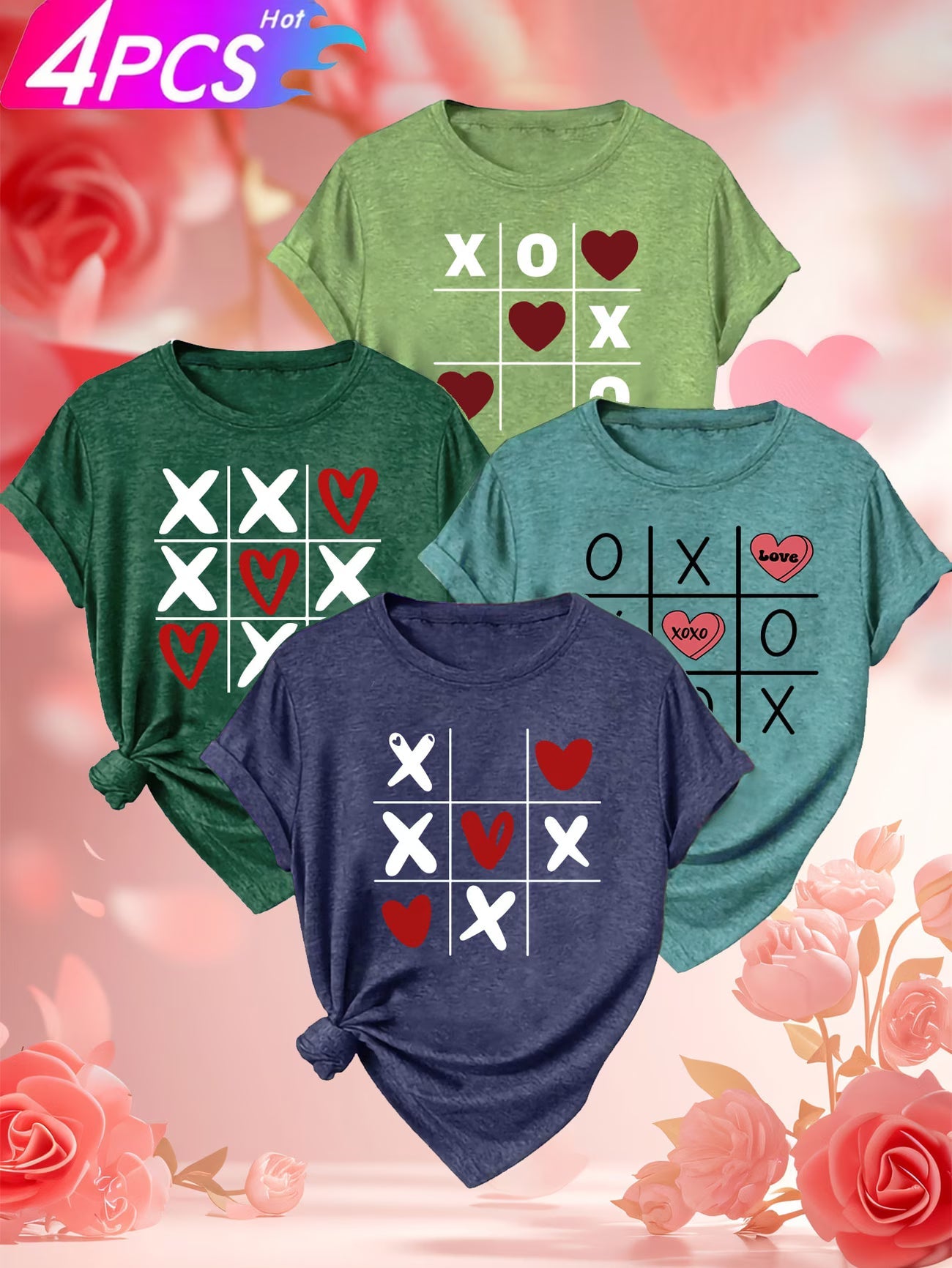 4PCS Women’s Vintage Valentine Print T-Shirts – Short Sleeve Round Neck Casual Tees