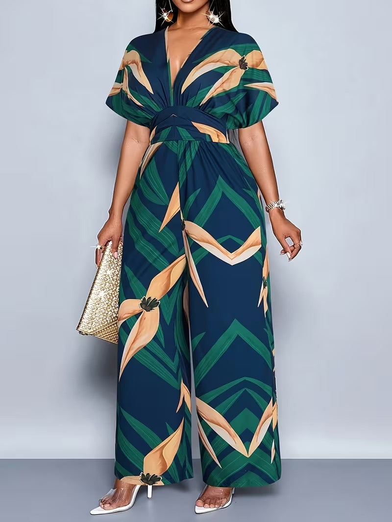 Modern Contrast Print V-Neck Jumpsuit with Elastic Waist & Belt