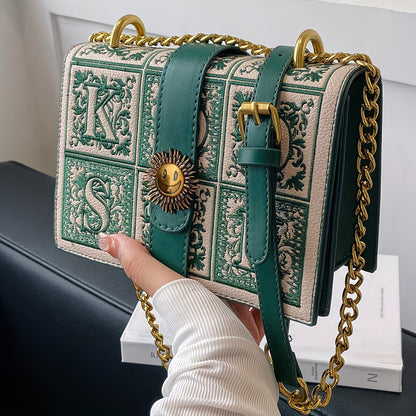LABOONOO Women’s Chain Crossbody Bag – Geometric Embroidery, Buckle Detail, Small Square Commuter Purse