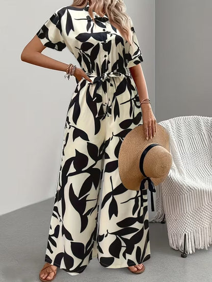 Modern Contrast Print V-Neck Jumpsuit with Elastic Waist & Belt
