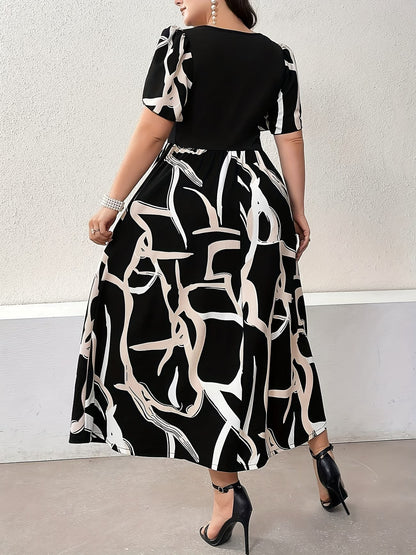 Plus Size Elegant Printed Summer Dress – Round Neck, Short Sleeve