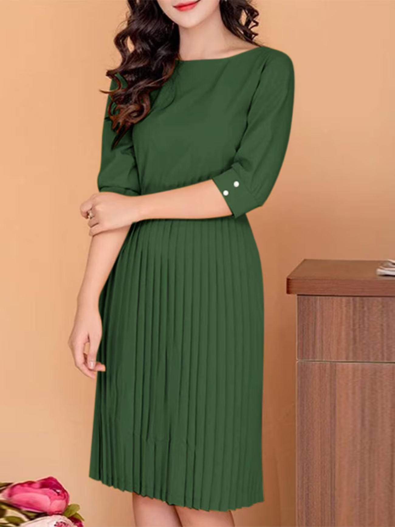 Elegant Korean Style Pleated A-Line Knee Length Dress