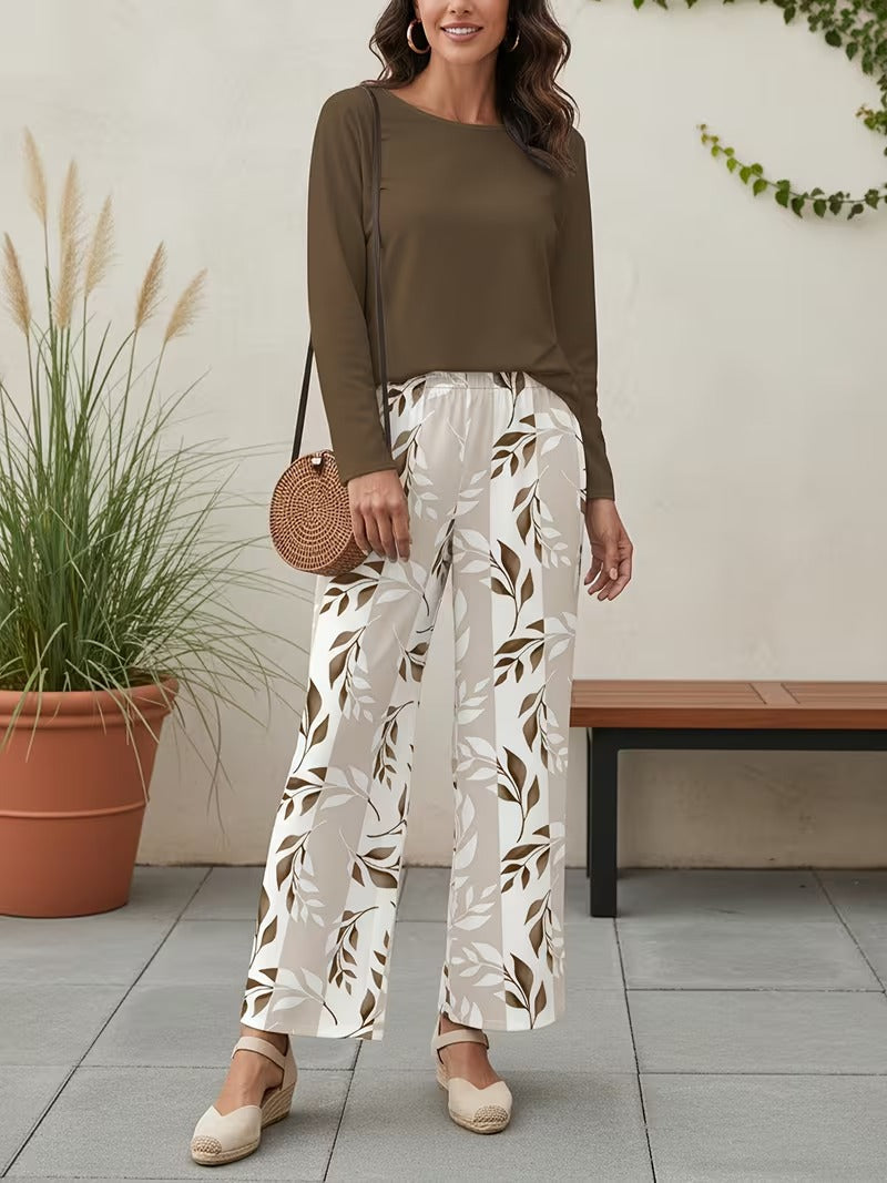 Graceful Tie-Neck Ruffle Top & Printed Pocket Trousers Set
