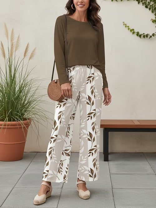 Graceful Tie-Neck Ruffle Top & Printed Pocket Trousers Set