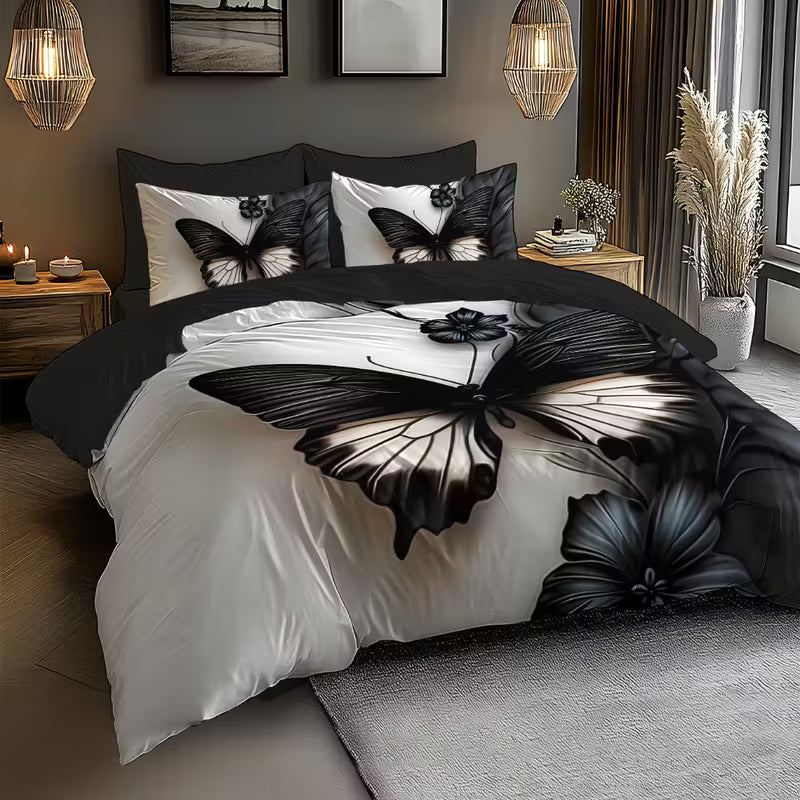Luxury Dark Butterfly Digital Print Duvet Cover Set – Soft Brushed Polyester Bedding